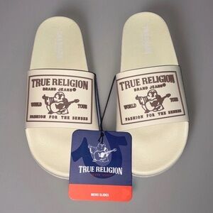 True Religion Cream Slides with Brown Logo Plaque
